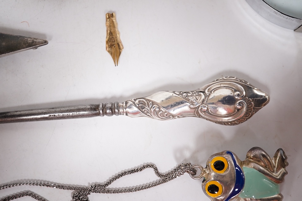 An early 1960's Georg Jensen sterling brooch, no. 339 (designed by Henning Koppel, 58mm, together with a small group of jewellery and other items including a pair of silver oval cufflinks, a Persian coin necklace, a 14ct